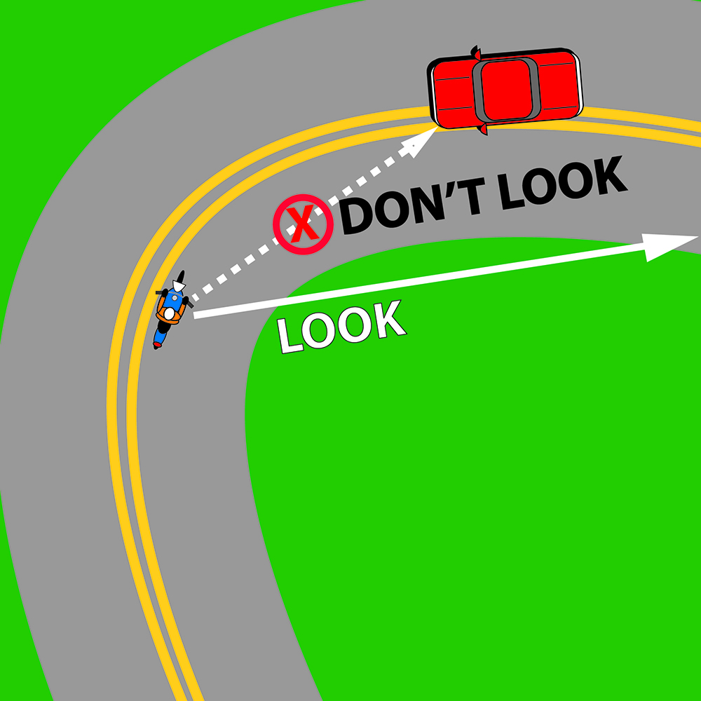 Rider in curve, oncoming car, arrows pointing where to look and where not to look